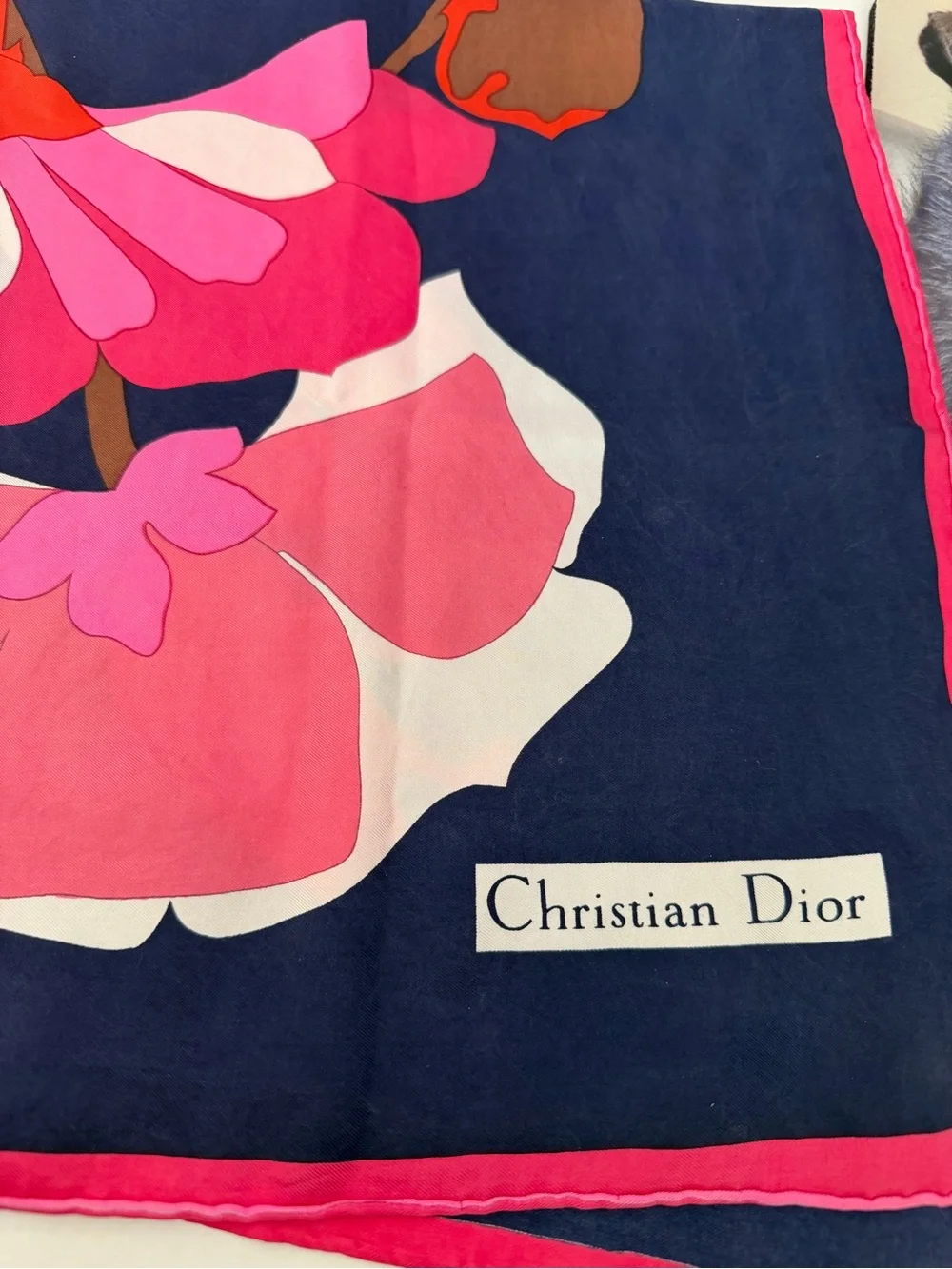 Vintage Christian Dior Navy & Pink Silk Scarf 29x29